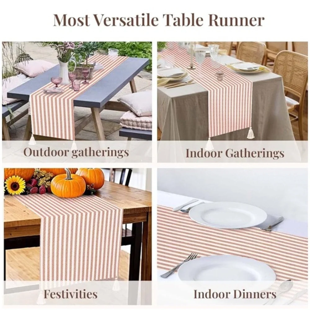 Striped Table Runner Cream with Orange Stripes Table Setting  72 x 14 inches